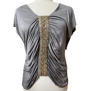 Akiko Draped Silk Blend Top Blouse Womens Small Gray Gold Embellishments Party